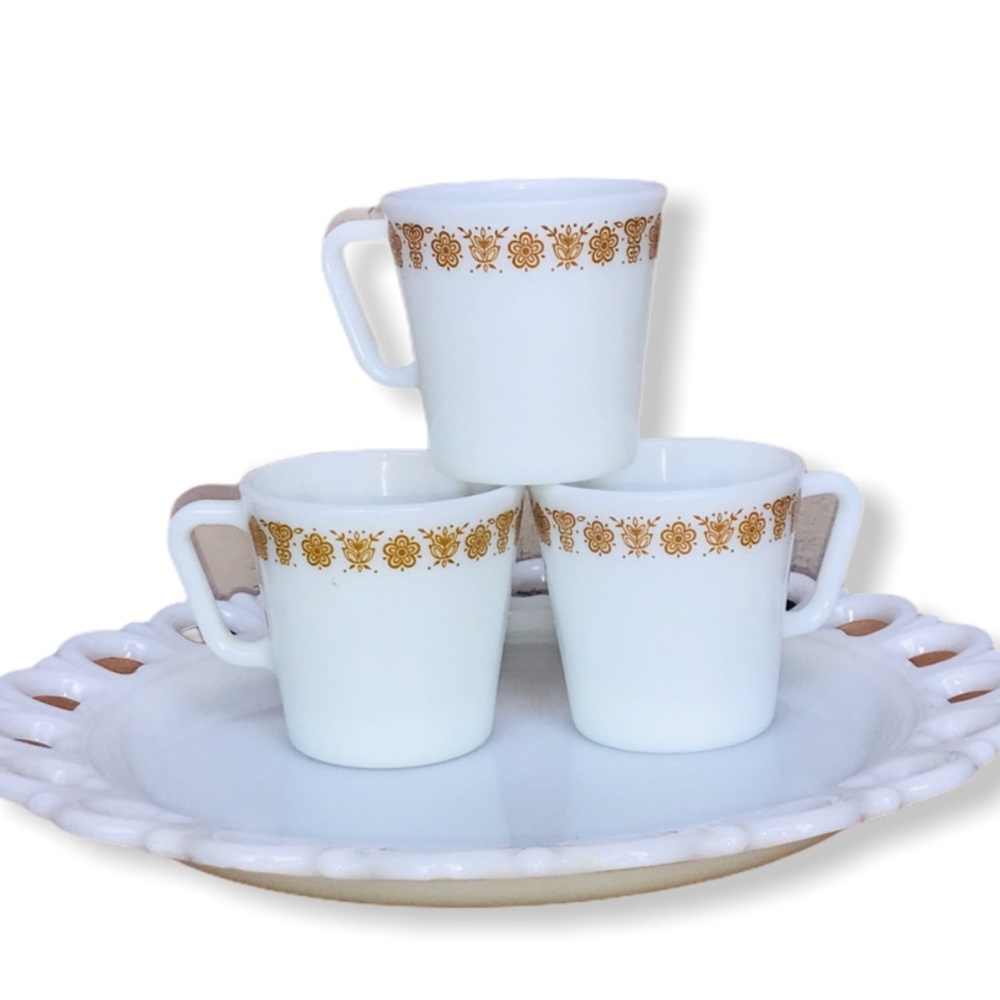 Set of 3 Yellow Pyrex Gold Butterfly and Flowers